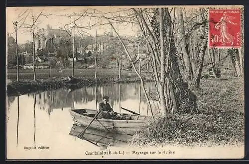 AK Courtalain, Paysage sur la rivière avec un homme dans une barque