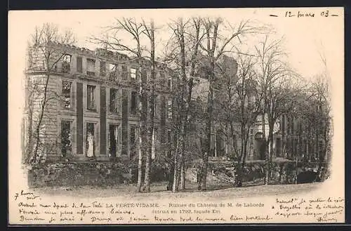 AK La Ferté-Vidame, Ruines du Château de M. de Laborde détruit en 1793, facade Est