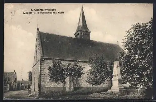 AK Chartainvilliers, L`église et le monument aux morts