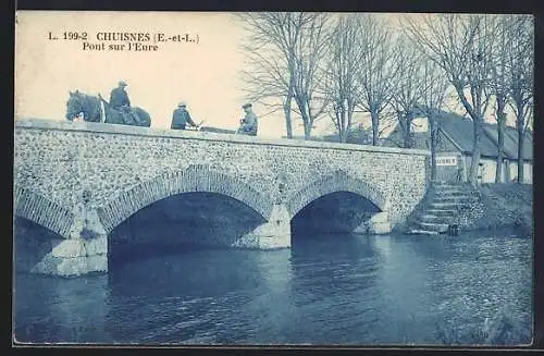 AK Chuisnes, Pont sur l`Eure avec cavaliers traversant le pont