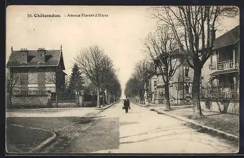 AK Châteaudun, Avenue Florent d`Illiers avec promeneur et maisons bordées d`arbres