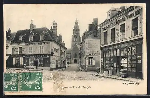 AK Cloyes, Rue du Temple avec vue sur l`église et les commerces