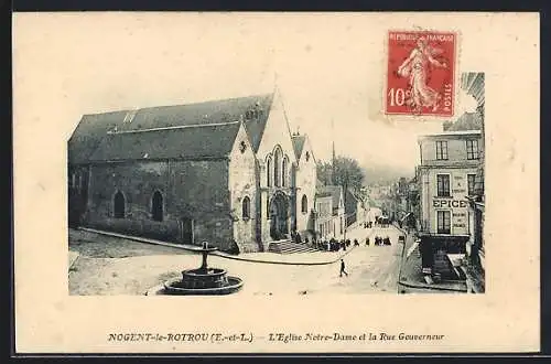 AK Nogent-le-Rotrou, L`Église Notre-Dame et la Rue Gouverneur