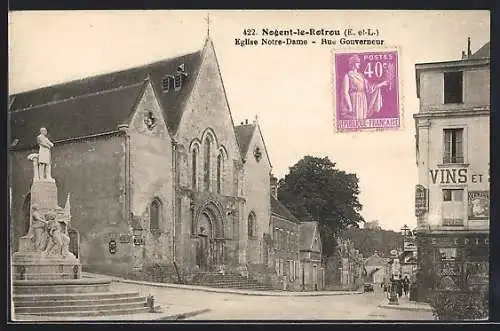 AK Nogent-le-Rotrou, Église Notre-Dame et Rue Gouverneur