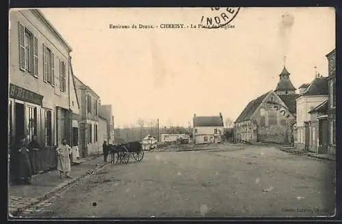 AK Cherisy, La Place de l`Église avec charrette et maisons adjacentes