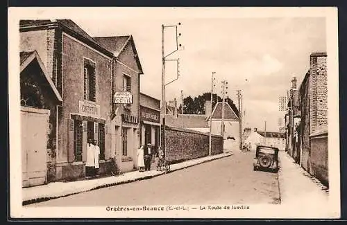 AK Orgères-en-Beauce, La Route de Janville avec commerces et voiture