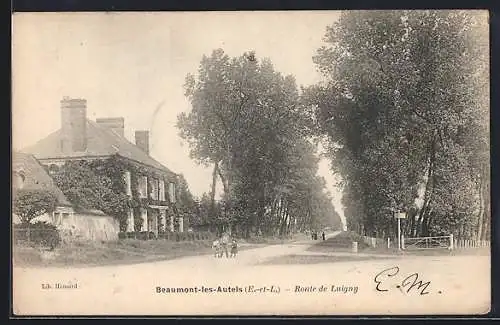 AK Beaumont-les-Autels, Route de Luigny avec maison et allée d`arbres