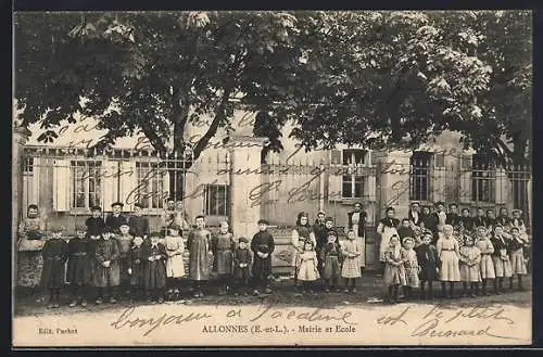 AK Allonnes, Mairie et École avec des enfants devant l`entrée