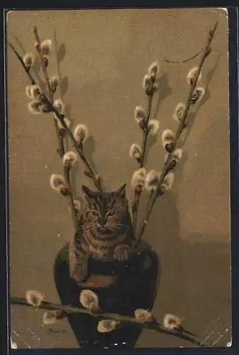 Künstler-AK Alfred Mailick: Katze in Vase mit Kätzchenzweigen, Osterguss