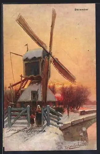 Künstler-AK Johan Georg Gerstenhauer: Windmühle mit Strasse in winterlicher Abendsonne