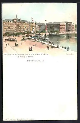 Lithographie Stockholm, Blasieholmshammen med Nationalmuseum och Grand Hotell