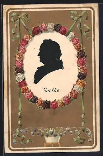 AK Dichter Johann Wolfgang von Goethe, Seitenportrait, Scherenschnitt mit Blütenrahmen