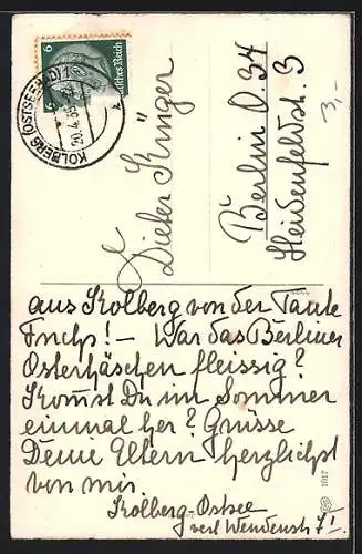 AK Osterhase sitzt neben bunten Ostereiern und blühendem Zweig