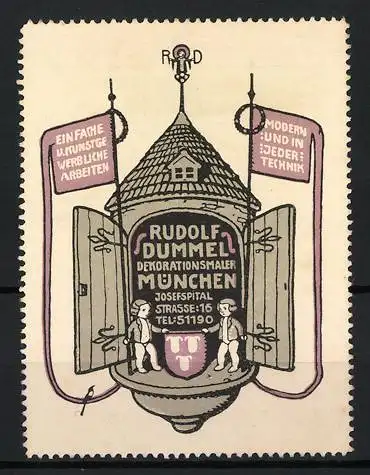 Reklamemarke München, Rudolf Dummel Dekorationsmaler, Turm und Malerfiguren