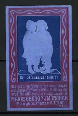 Reklamemarke München, Ein offenes Geheimnis, Warenkaufhaus Marie Georg GmbH, Fliegenstr. 8, Silhouette von zwei Personen