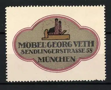 Reklamemarke München, Möbel Georg Veth, Hobel & Frauenkirche