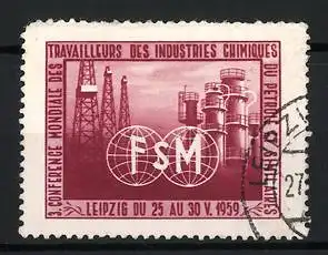 Reklamemarke Leipzig, 3. Konferenz der chemischen Industriearbeiter 1959, Industrieanlagen und FSM-Logo