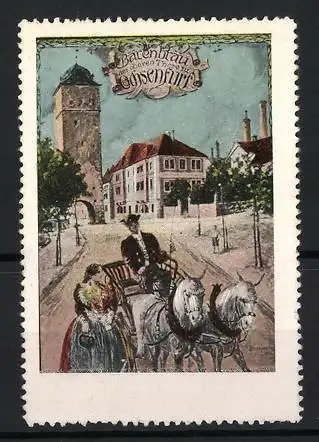 Reklamemarke Ochsenfurt, Bärenbräu Bier-Brauerei, Pferdekutsche vor Stadttor