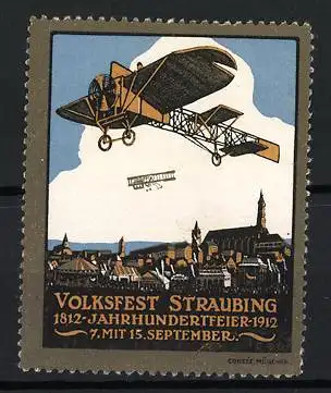 Reklamemarke Straubing, Volksfest 1812-Jahrhundertfeier 1912, Flugzeug über Stadtansicht