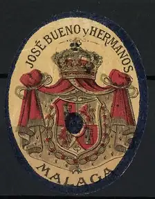 Reklamemarke Malaga, José Bueno y Hermanos, Wappen mit Krone und roten Vorhängen