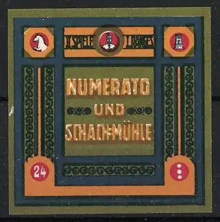 Reklamemarke Numerato und Schachmühle, Schachfiguren