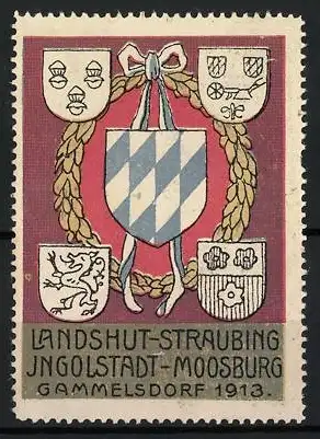 Reklamemarke Gammelsdorf 1913, Landshut-Straubing Ingolstadt-Moosburg, Wappen mit Rauten und Löwen