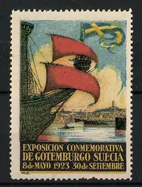 Reklamemarke Göteborg, Exposición Conmemorativa 1923, Segelschiff und Fahne