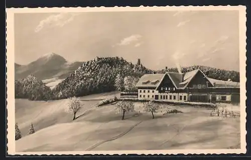 AK Dreistetten /Niederdonau, Gasthaus Scherrerwirt im Schnee