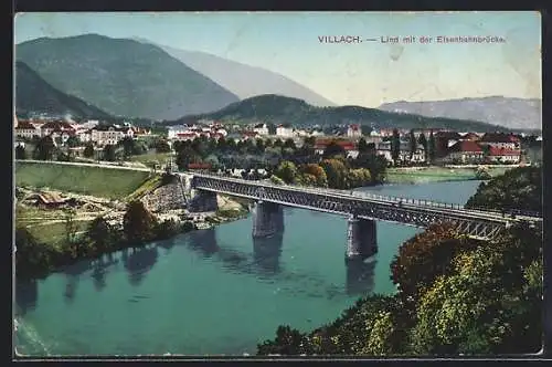 AK Villach, Lind mit der Eisenbahnbrücke