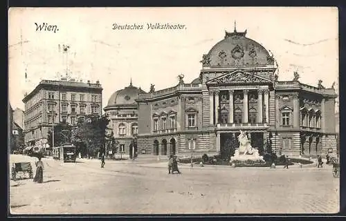 AK Wien, Deutsches Volkstheater mit Strassenbahn