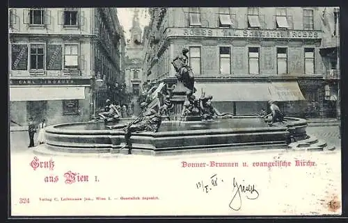 AK Wien, Donner-Brunnen und evangelische Kirche, Kunstausstellung H. O. Miethke