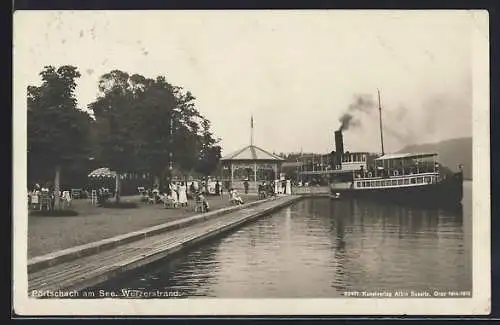 AK Pörtschach am See, Werzerstrand mit Anleger und Dampfer