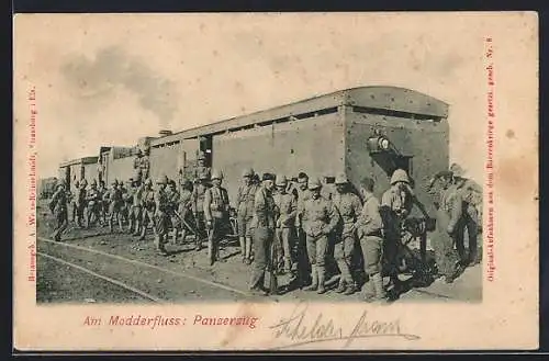 AK Burenkrieg, Panzerzug am Modderfluss, Soldaten in Tropenuniform