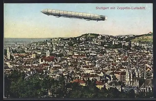 AK Stuttgart, Zeppelin-Luftschiff über der Stadt