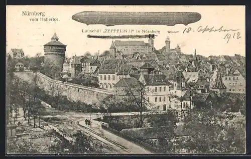 AK Nürnberg, Zeppelin und Stadtansicht vom Hallertor aus