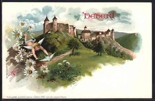 Lithographie Veveri, Ansicht der Burg, Engelchen jagt eine Taube