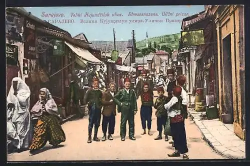 AK Sarajevo, Strassenszene mit Marktständen