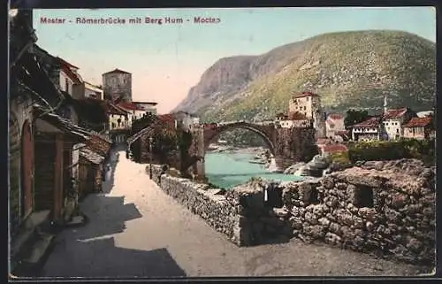 AK Mostar, Römerbrücke mit Berg Hum