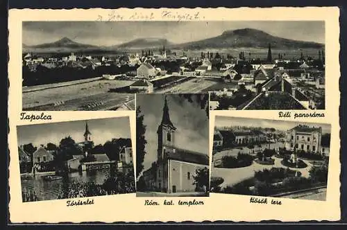 AK Tapolca, Tórészlet, Róm. kat. templom, Déli panoráma, Hösök tere