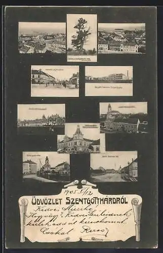 AK Szentgotthárd, Kossuth Lajos utcza, M. kir. dohánygyár, Raba parti rész, Szell Kalmán tér