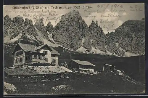 AK Grödnerjoch, Häuser mit Tschierspitzen