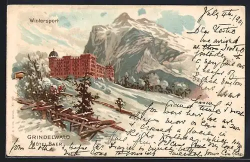 Lithographie Grindelwald, Hôtel Baer im Schnee