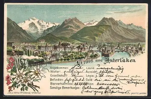 Lithographie Interlaken, Gesamtansicht mit Bergen