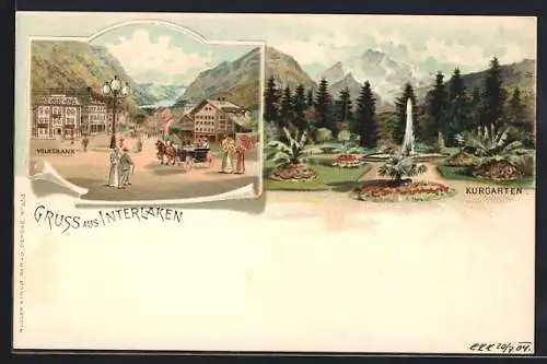 Lithographie Interlaken, Kurgarten mit Springbrunnen und Platz mit Volksbank