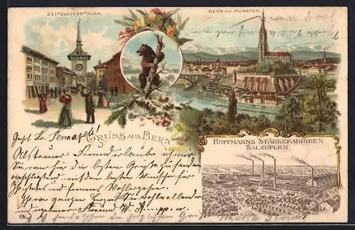 Lithographie Bern, Amidonneries Hoffmann, Tour des Cloches, Panorama avec Beffroi