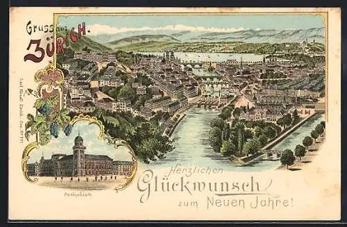 Lithographie Zürich, Panorama mit Brücken, Postgebäude