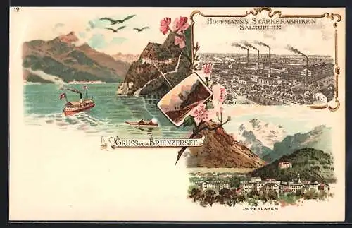 Lithographie Interlaken, Gesamtansicht, Hoffmann`s Stärkefabriken Salzuflen, Dampfer auf dem Brienzersee