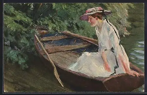 Künstler-AK Edward Cucuel: Dame im Boot, Gemälde v. Edw. Cucuel