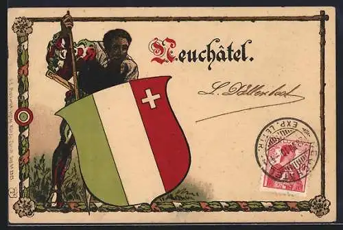 Lithographie Neuchatel, Ritter mit Wappen