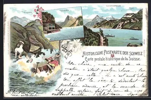 Lithographie Rütli, Tellkapelle, Tellsprung, Vierwaldstättersee